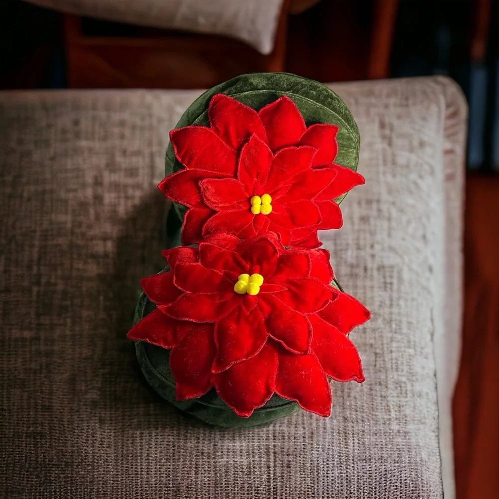 MCM Set 2 Christmas Poinsettia Throw Pillows Velour Velveteen Yellow Ball Fringe